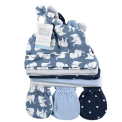 Hudson Baby Infant Boy Cotton Cap And Scratch Mitten Set, Blue Elephant, 0-6 Months