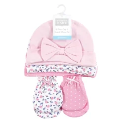 Hudson Baby Infant Girl Cotton Cap And Scratch Mitten Set, Blue Pink Floral, 0-6 Months