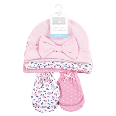 Hudson Baby Infant Girl Cotton Cap And Scratch Mitten Set, Blue Pink Floral, 0-6 Months 1 Hudson Baby Infant Girl Cotton Cap And Scratch Mitten Set, Blue Pink Floral, 0-6 Months