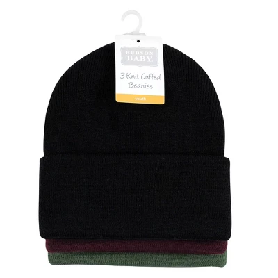 Hudson Baby Family Knit Cuffed Beanie 3pk, Green Burgundy 1 Hudson Baby Family Knit Cuffed Beanie 3pk, Green Burgundy