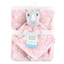 Hudson Baby Infant Girl Plush Blanket With Security Blanket, Rhino, One Size