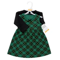 Hudson Baby Baby Girls Cotton Dress And Cardigan Set, Forest Green Plaid