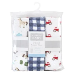 Hudson Baby Infant Boy Quilted Cotton Swaddle Wrap 3pk, Boy Farm Animals, 0-3 Months