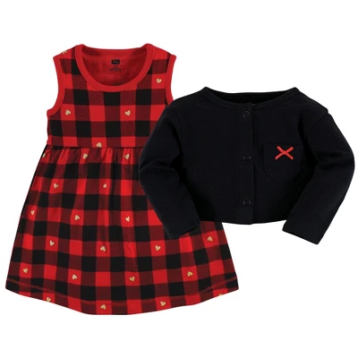 Hudson Baby Baby Girls Cotton Dress And Cardigan Set, Gold Heart Buffalo Plaid 2 Hudson Baby Baby Girls Cotton Dress And Cardigan Set, Gold Heart Buffalo Plaid - Image 2