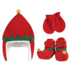 Hudson Baby 6Pc Trapper Hat, Mitten And Bootie Set, Red Elf Reindeer