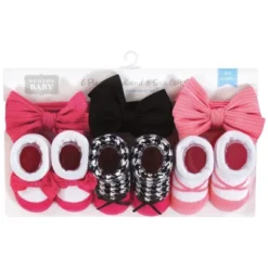 Hudson Baby Infant Girl Headband And Socks Giftset, Pink Black, One Size