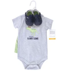 Hudson Baby Infant Boy Cotton Bodysuit, Shorts And Shoe 3pc Set, Rawr-Some Dino