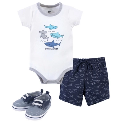Hudson Baby Infant Boy Cotton Bodysuit, Shorts And Shoe 3pc Set, Shark Expert 5 Hudson Baby Infant Boy Cotton Bodysuit, Shorts And Shoe 3pc Set, Shark Expert - Image 5