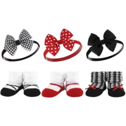Hudson Baby Infant Girl 12Pc Headband And Socks Giftset, Red Houndstooth Red Pink, One Size
