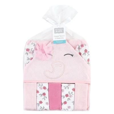 Hudson Baby Infant Girl Hooded Towel And Five Washcloths, Floral Pretty Elephant, One Size 1 Hudson Baby Infant Girl Hooded Towel And Five Washcloths, Floral Pretty Elephant, One Size