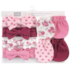 Hudson Baby Infant Girl Cotton Headband And Scratch Mitten Set, Rose, 0-6 Months