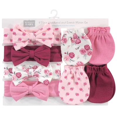 Hudson Baby Infant Girl Cotton Headband And Scratch Mitten Set, Rose, 0-6 Months 1 Hudson Baby Infant Girl Cotton Headband And Scratch Mitten Set, Rose, 0-6 Months