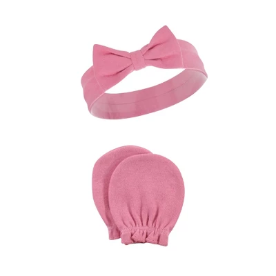 Hudson Baby Infant Girl Cotton Headband And Scratch Mitten Set, Rose, 0-6 Months 2 Hudson Baby Infant Girl Cotton Headband And Scratch Mitten Set, Rose, 0-6 Months - Image 2