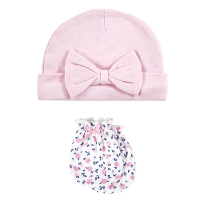 Hudson Baby Infant Girl Cotton Cap And Scratch Mitten Set, Blue Pink Floral, 0-6 Months 2 Hudson Baby Infant Girl Cotton Cap And Scratch Mitten Set, Blue Pink Floral, 0-6 Months - Image 2