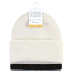 Hudson Baby Unisex Baby Knit Cuffed Beanie 3pk, Cream Black