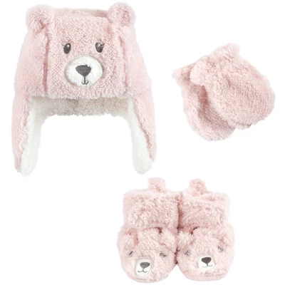 Hudson Baby Infant Girl Trapper Hat, Mitten And Bootie Set, Pink Bear 7 Hudson Baby Infant Girl Trapper Hat, Mitten And Bootie Set, Pink Bear - Image 7