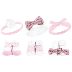 Hudson Baby Infant Girl 12Pc Headband And Socks Giftset, Pink Sequin Red Sequin, One Size