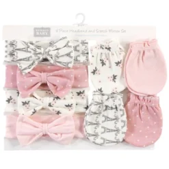 Hudson Baby Infant Girl Cotton Headband And Scratch Mitten Set, Paris, 0-6 Months
