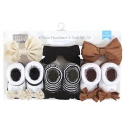 Hudson Baby Infant Girl Headband And Socks Giftset, Black Stripe Neutrals, One Size
