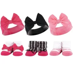 Hudson Baby Infant Girl 12Pc Headband And Socks Giftset, Pink Black Taupe Pink, One Size