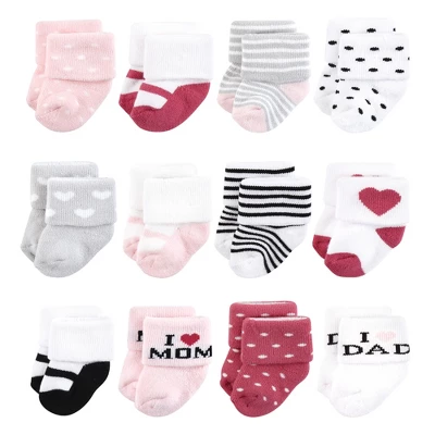Hudson Baby Infant Girl Cotton Rich Newborn And Terry Socks, Mom And Dad Girl Pink Black 8 Hudson Baby Infant Girl Cotton Rich Newborn And Terry Socks, Mom And Dad Girl Pink Black - Image 8