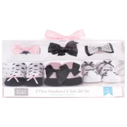 Hudson Baby Infant Girl Headband And Socks Giftset 6pc, Black Pink Bows, One Size