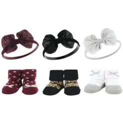 Hudson Baby Infant Girl 12Pc Headband And Socks Giftset, Burgundy Leopard Blush Taupe, One Size