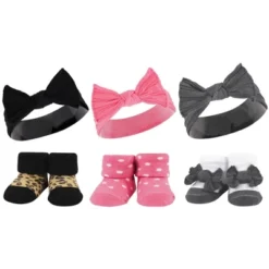 Hudson Baby Infant Girl 12Pc Headband And Socks Giftset, Black Wild Rose Leopard Red Houndstooth Bows, One Size