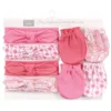 Hudson Baby Infant Girl Cotton Headband And Scratch Mitten Set, Flamingo, 0-6 Months