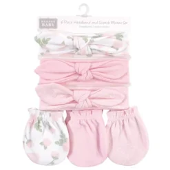 Hudson Baby Infant Girl Cotton Headband And Scratch Mitten 6pc Set, Roses, 0-6 Months