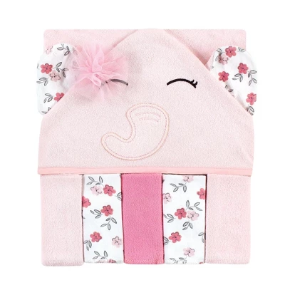 Hudson Baby Infant Girl Hooded Towel And Five Washcloths, Floral Pretty Elephant, One Size 2 Hudson Baby Infant Girl Hooded Towel And Five Washcloths, Floral Pretty Elephant, One Size - Image 2