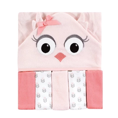 Hudson Baby Infant Girl Hooded Towel And Five Washcloths, Pink Owls, One Size 2 Hudson Baby Infant Girl Hooded Towel And Five Washcloths, Pink Owls, One Size - Image 2