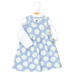 Hudson Baby Infant Girl Cotton Dress And Cardigan Set, Blue Daisy