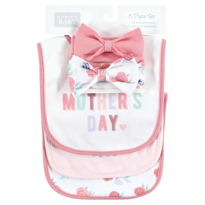 Hudson Baby Infant Girl Cotton Bib And Headband Or Caps Set, Mothers Day, 0-9 Months 1 Hudson Baby Infant Girl Cotton Bib And Headband Or Caps Set, Mothers Day, 0-9 Months