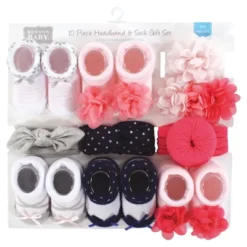 Hudson Baby Infant Girl Headband And Socks Giftset, Pink Navy 10-Piece, One Size