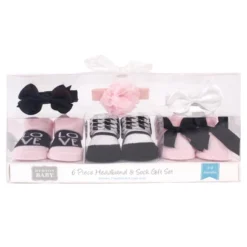 Hudson Baby Infant Girl Headband And Socks Giftset 6pc, Pink Black Love, One Size