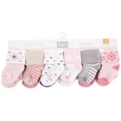 Hudson Baby Infant Girl Cotton Rich Newborn And Terry Socks, Pink Gray Aztec