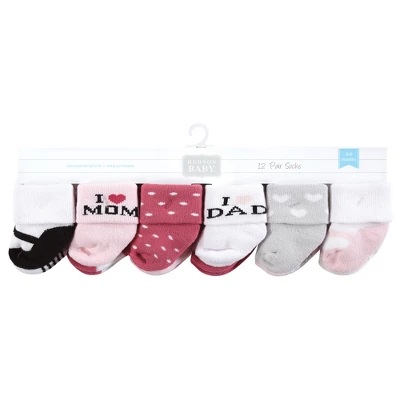 Hudson Baby Infant Girl Cotton Rich Newborn And Terry Socks, Mom And Dad Girl Pink Black 1 Hudson Baby Infant Girl Cotton Rich Newborn And Terry Socks, Mom And Dad Girl Pink Black