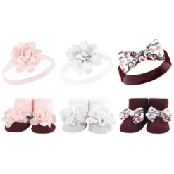 Hudson Baby Infant Girl 12Pc Headband And Socks Giftset, Pink Burgundy, One Size