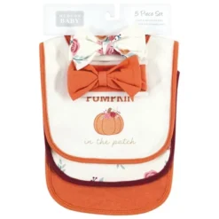 Hudson Baby Infant Girl Cotton Bib And Headband Or Caps Set, Pink Cutest Pumpkin, One Size