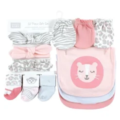 Hudson Baby Infant Girl Caps Or Headbands, Bibs, Mittens And Socks 12pc Set, Safari, 0-6 Months