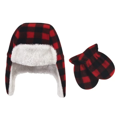 Hudson Baby Infant And Toddler Fleece Trapper Hat And Mitten 2pc Set, Black Red Plaid 3 Hudson Baby Infant And Toddler Fleece Trapper Hat And Mitten 2pc Set, Black Red Plaid - Image 3