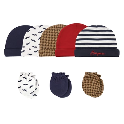Hudson Baby Infant Boy Cotton Cap And Scratch Mitten 8pc Set, Bonjour, 0-6 Months 1 Hudson Baby Infant Boy Cotton Cap And Scratch Mitten 8pc Set, Bonjour, 0-6 Months