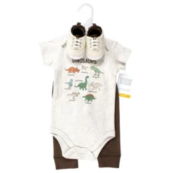 Hudson Baby Infant Boy Cotton Bodysuit, Pant And Shoe Set, Dinosaur Adventures