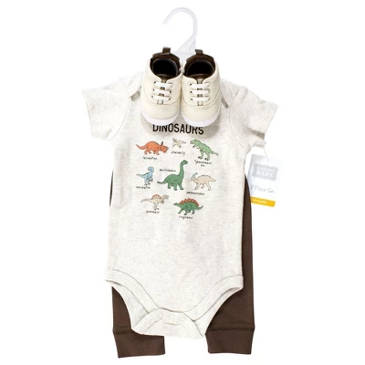 Hudson Baby Infant Boy Cotton Bodysuit, Pant And Shoe Set, Dinosaur Adventures 1 Hudson Baby Infant Boy Cotton Bodysuit, Pant And Shoe Set, Dinosaur Adventures