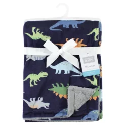Hudson Baby Infant Boy Plush Blanket With Furry Binding And Back, Dinosaurs, One Size