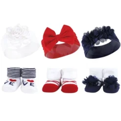 Hudson Baby Infant Girl 12Pc Headband And Socks Giftset, Navy Red, One Size