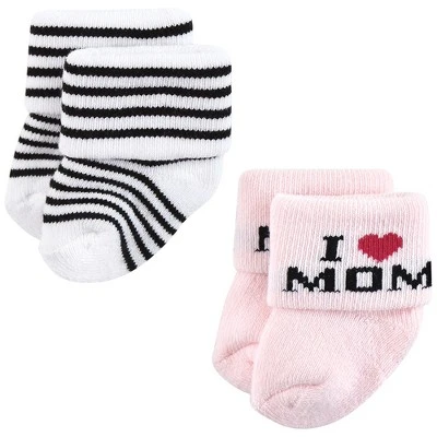 Hudson Baby Infant Girl Cotton Rich Newborn And Terry Socks, Mom And Dad Girl Pink Black 2 Hudson Baby Infant Girl Cotton Rich Newborn And Terry Socks, Mom And Dad Girl Pink Black - Image 2