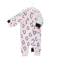 Hudson Baby Infant Girl Plush Jumpsuits, Pink Penguin