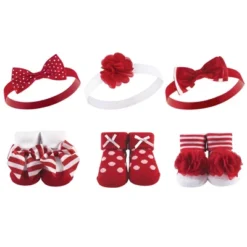 Hudson Baby Infant Girl Headband And Socks Giftset 6pc, Red White Stripe, One Size